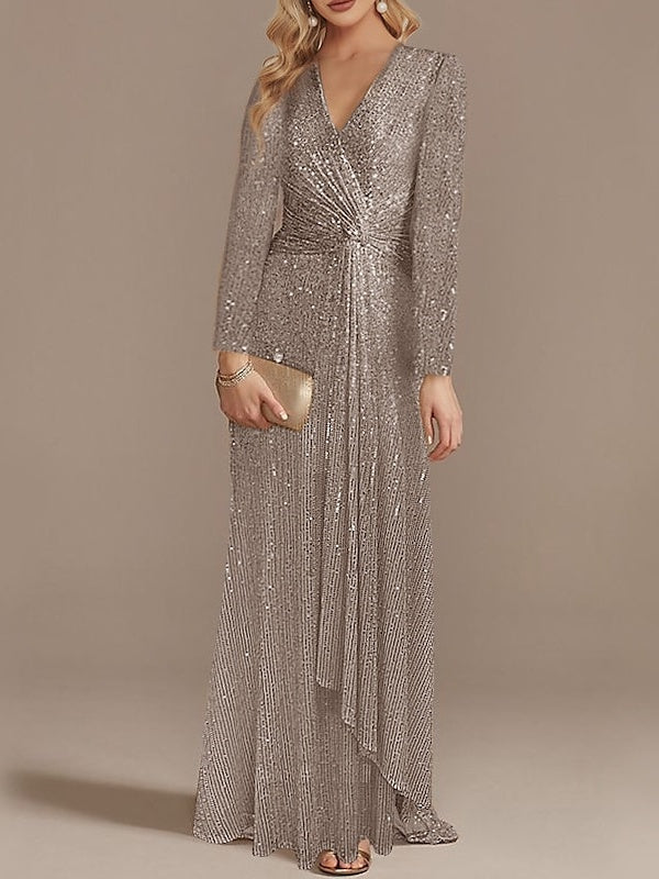 Mermaid/Trumpet V-Neck Long Sleeves Floor-Length Party Cocktail Dress with Sequins