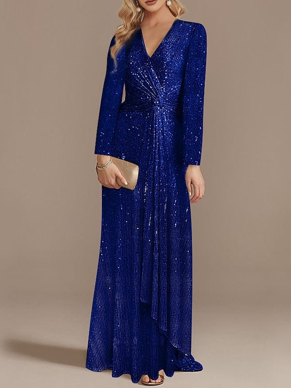 Mermaid/Trumpet V-Neck Long Sleeves Floor-Length Party Cocktail Dress with Sequins