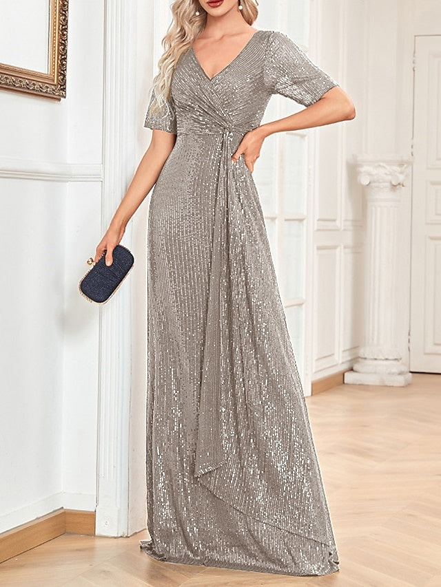 A-Line/Princess V-Neck Short Sleeves Floor-Length Party Cocktail Dress with Sequin