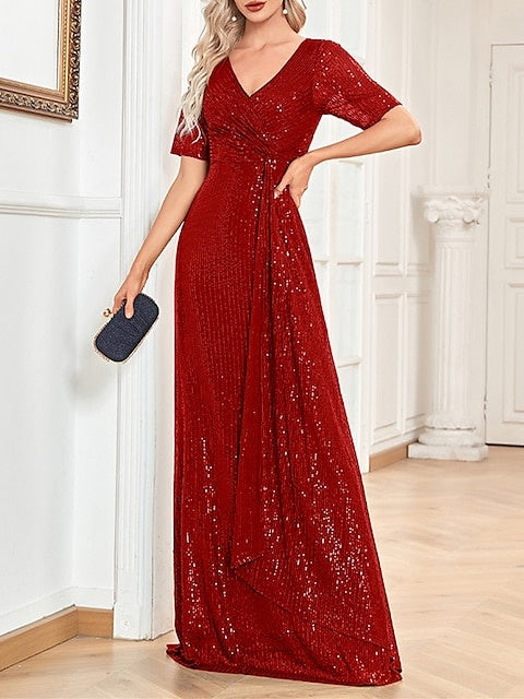 A-Line/Princess V-Neck Short Sleeves Floor-Length Party Cocktail Dress with Sequin