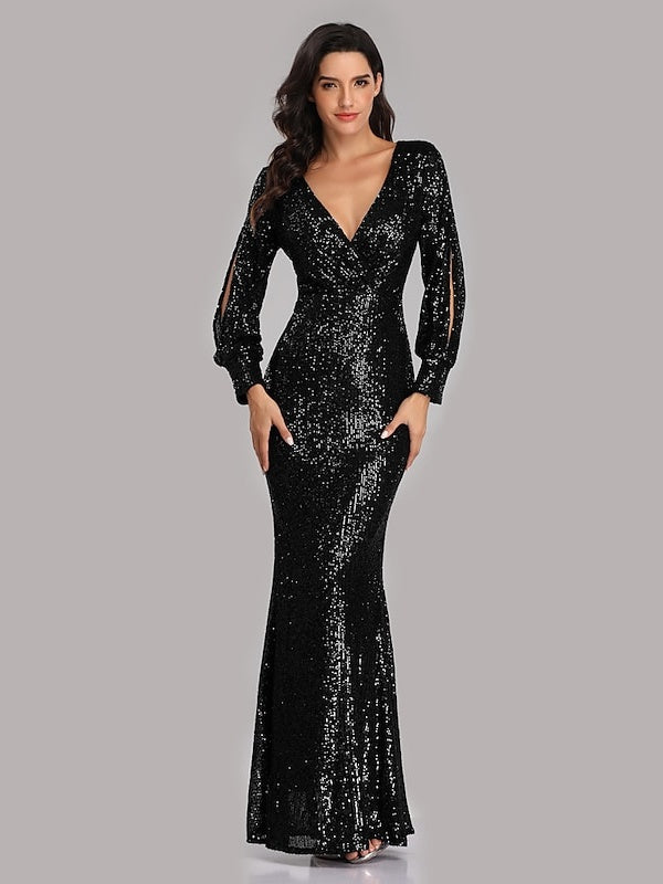 Mermaid/Trumpet V-Neck Long Sleeves Floor-Length Party Cocktail Dress with Sequins