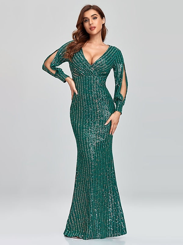 Mermaid/Trumpet V-Neck Long Sleeves Floor-Length Party Cocktail Dress with Sequins