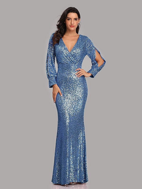 Mermaid/Trumpet V-Neck Long Sleeves Floor-Length Party Cocktail Dress with Sequins