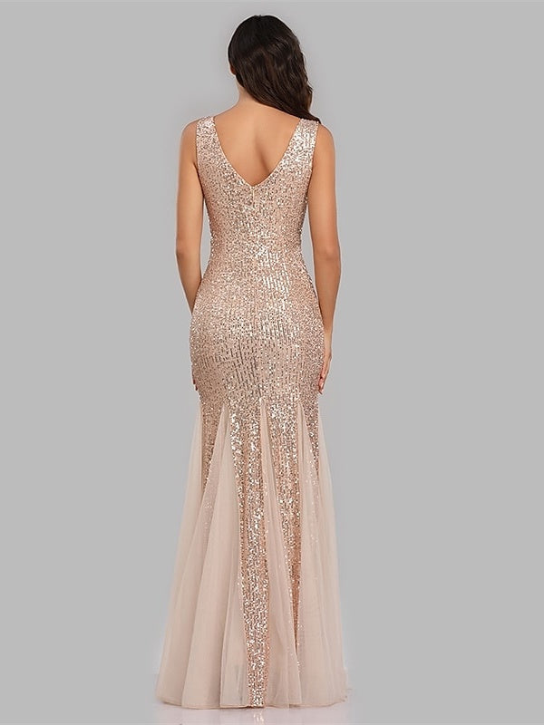 Mermaid/Trumpet V-Neck Sleeveless Floor-Length Party Cocktail Dress with Sequins