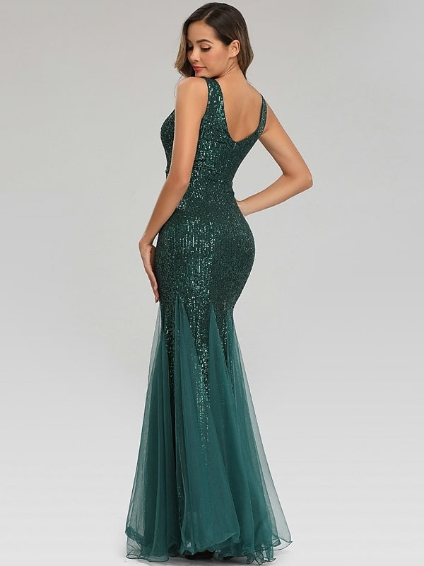 Mermaid/Trumpet V-Neck Sleeveless Floor-Length Party Cocktail Dress with Sequins