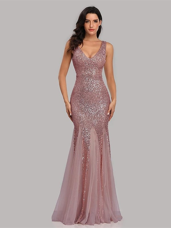 Mermaid/Trumpet V-Neck Sleeveless Floor-Length Party Cocktail Dress with Sequins