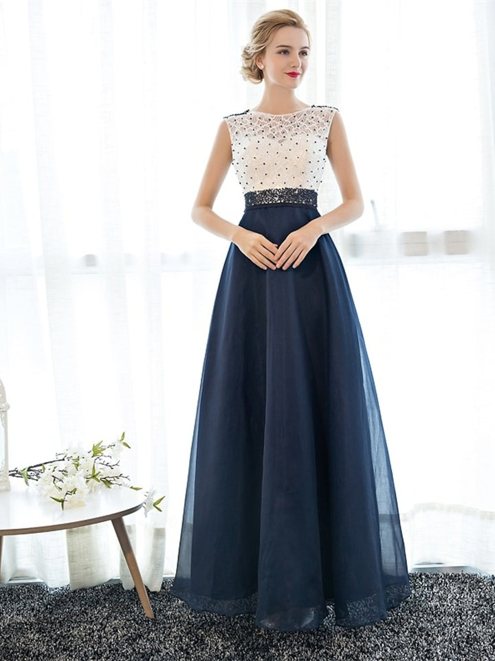 A-Line/Princess Illusion Neck Sleeveless Floor-Length Party Cocktail Dresses with Beading