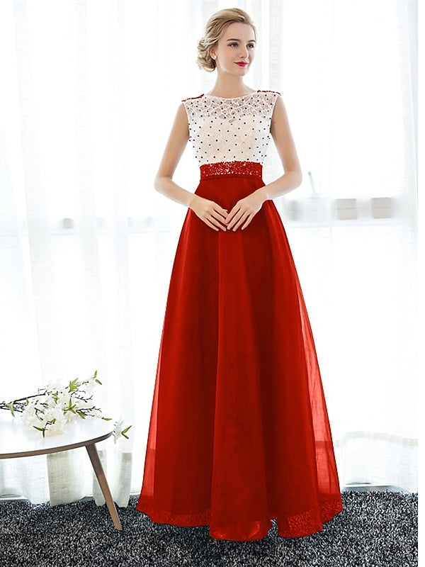 A-Line/Princess Illusion Neck Sleeveless Floor-Length Party Cocktail Dresses with Beading