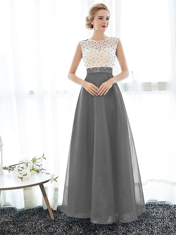 A-Line/Princess Illusion Neck Sleeveless Floor-Length Party Cocktail Dresses with Beading