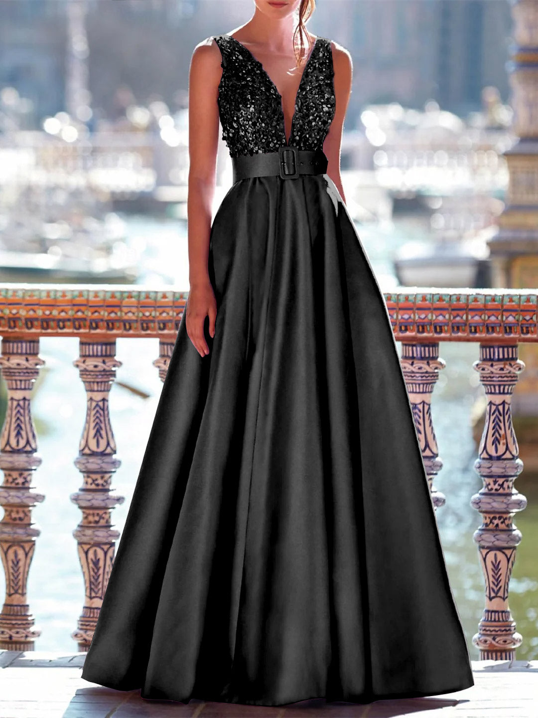 A-Line Floor Length Sleeveless V Neck Prom Dress Pocket Satin with Pearls Black A-Line Floor Length Sleeveless V Neck Prom Dress Pocket Satin with Pearls Black