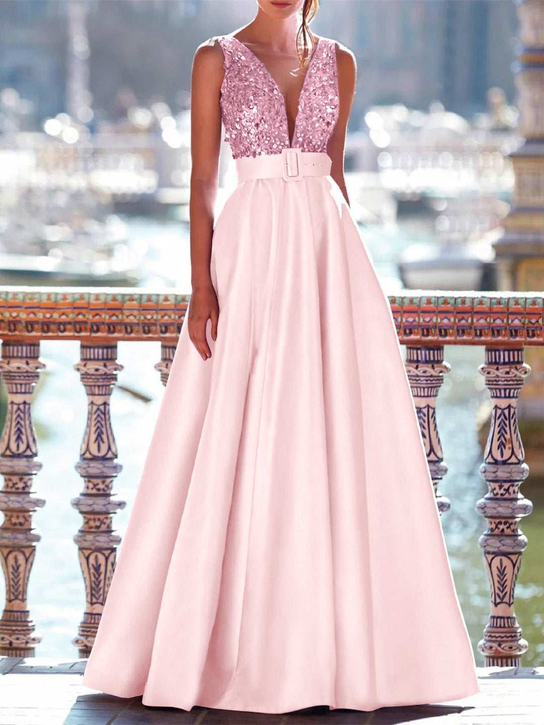 A-Line Floor Length Sleeveless V Neck Prom Dress Pocket Satin with Pearls Icy Pink A-Line Floor Length Sleeveless V Neck Prom Dress Pocket Satin with Pearls Icy Pink