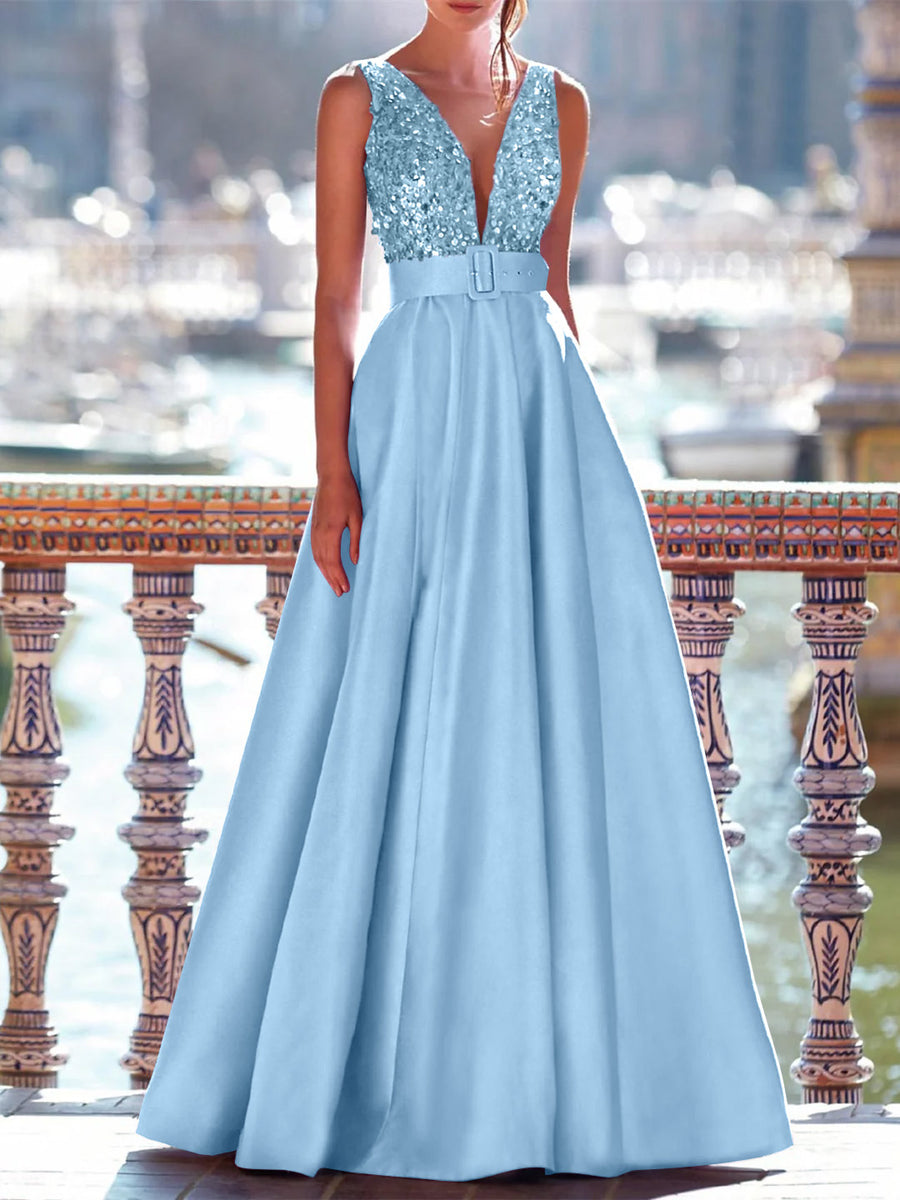 A-Line Floor Length Sleeveless V Neck Prom Dress Pocket Satin with Pearls