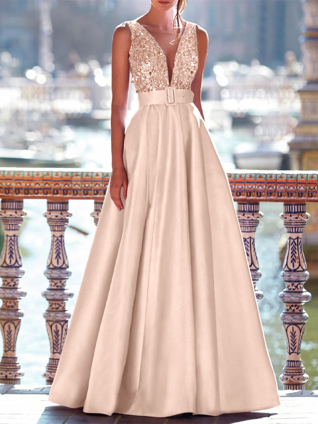 A-Line Floor Length Sleeveless V Neck Prom Dress Pocket Satin with Pea - Mondressy A-Line Floor Length Sleeveless V Neck Prom Dress Pocket Satin with Pea - Mondressy