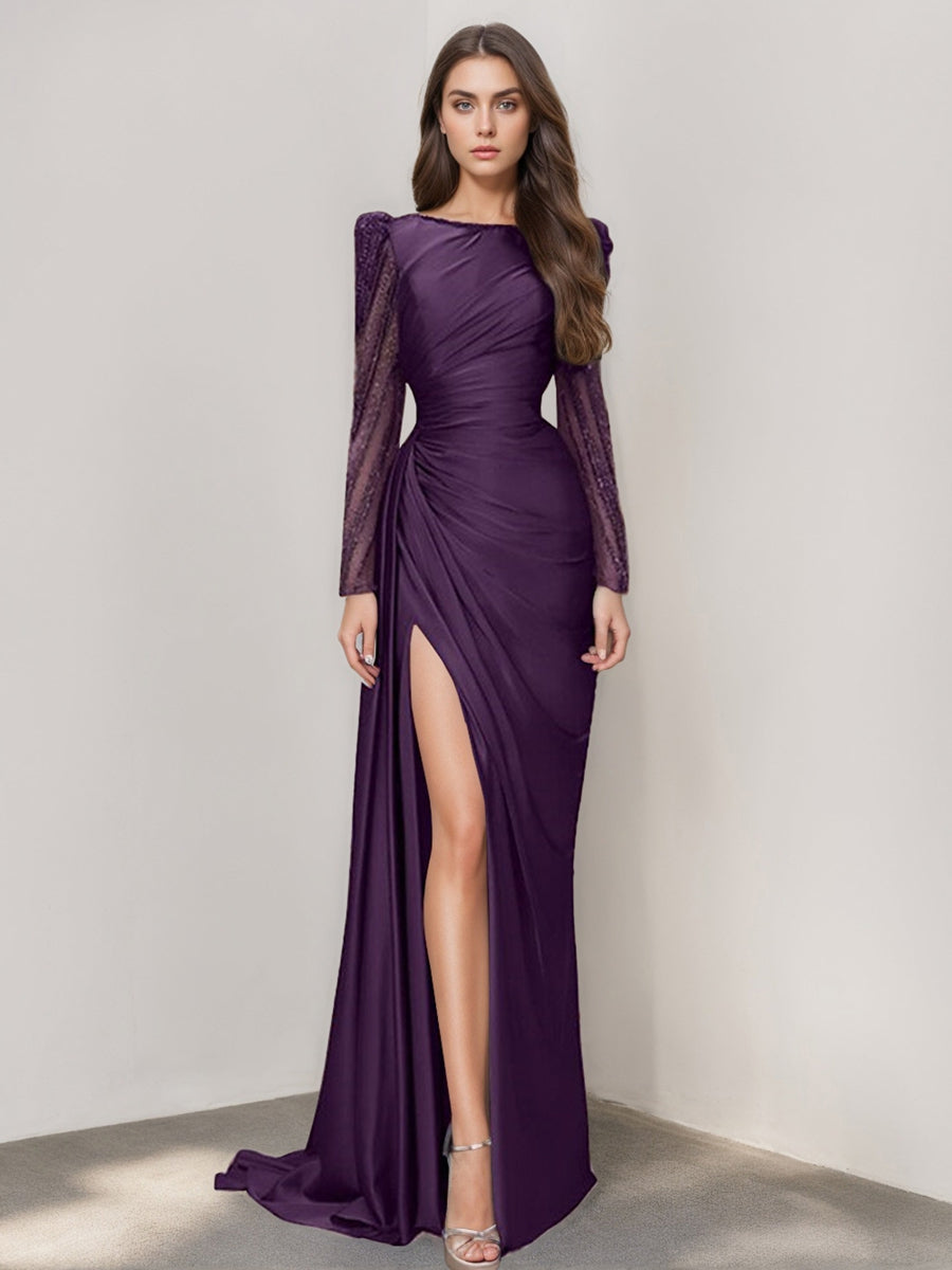 Mermaid/Trumpet Jewel Neck Evening Dresses Sweep/Brush Train Long Slee - Mondressy Mermaid/Trumpet Jewel Neck Evening Dresses Sweep/Brush Train Long Slee - Mondressy