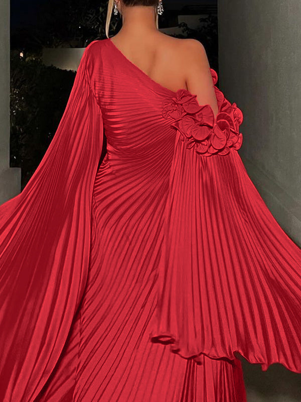 A-Line/Princess One-Shoulder Long Sleeves Floor-Length Evening Dresses