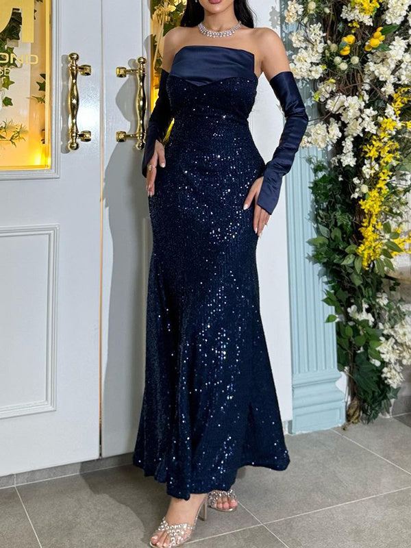 Navy Blue Strapless Evening Dress 2026 for Women Sequin Slim Fit Formal Gown with Satin Gloves Elegant Long Party Wear, As Picture