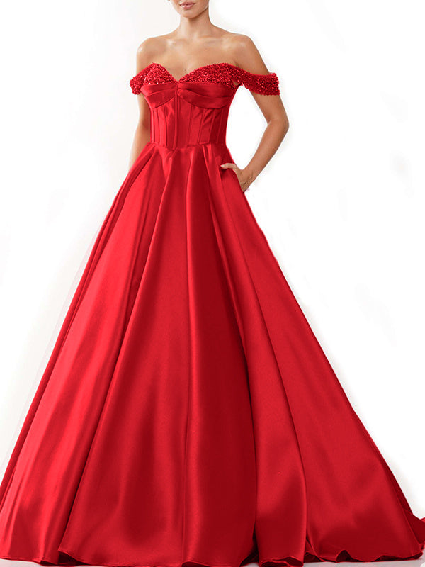 A-Line/Princess Off-The-Shoulder Sleeveless Sweep Train Satin Evening Dresses