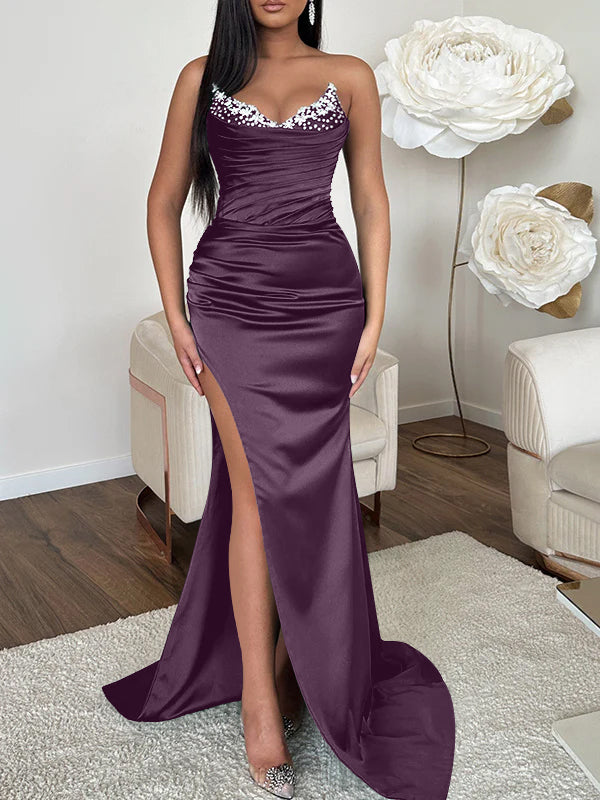 Sheath/Column V-neck Sleeveless Sweep Train High Split Evening Dresses