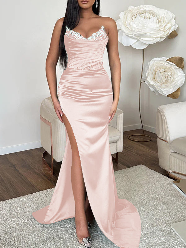 Sheath/Column V-neck Sleeveless Sweep Train High Split Evening Dresses