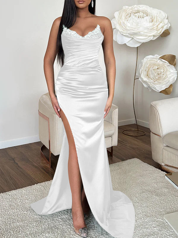 Sheath/Column V-neck Sleeveless Sweep Train High Split Evening Dresses