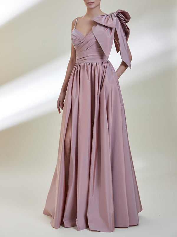 A-Line/Princess One-Shoulder Sleeveless Floor-Length Split Front/Bow(s) Satin Evening Dresses