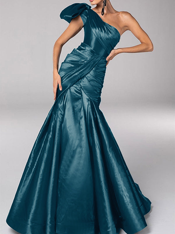 Mermaid/Trumpet One-Shoulder Sleeveless Sweep Train Satin Bow(s) Evening Dresses