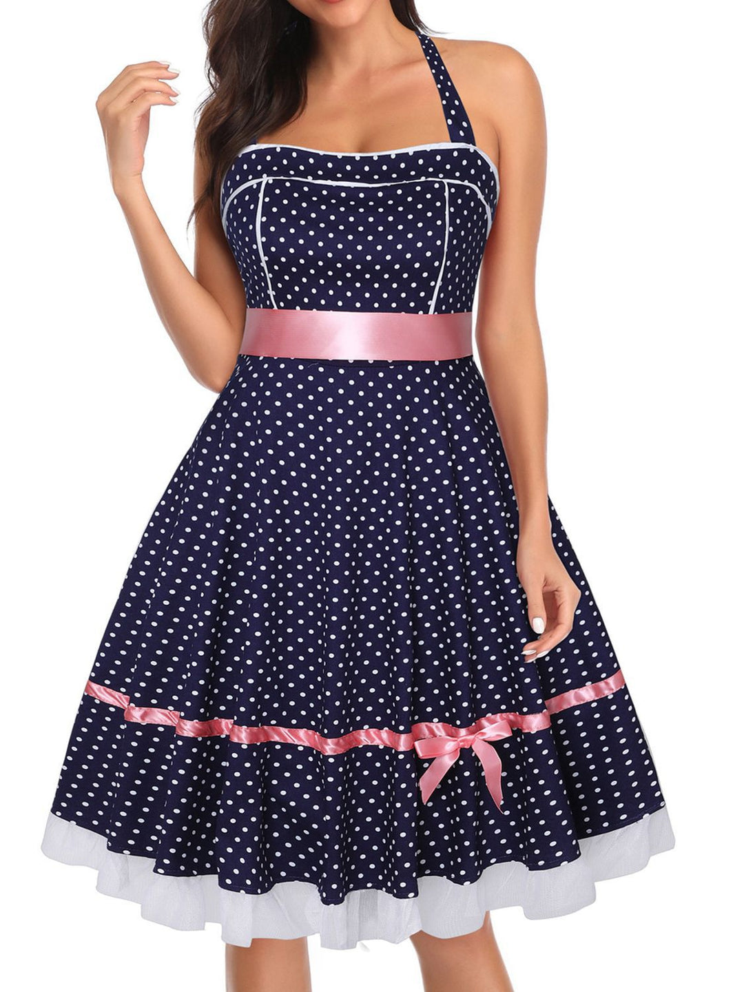 vintage dresses mini Short/Mini Polyester Halter Neck Sleeveless Retro Vintage Women's Vintage Dresses, S / Navy Blue