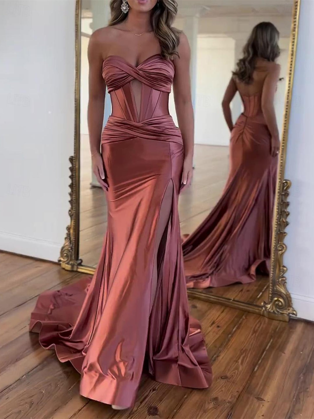 A-Line/Princess Strapless Sleeveless Floor-Length Slit Ruched Evening Dresses