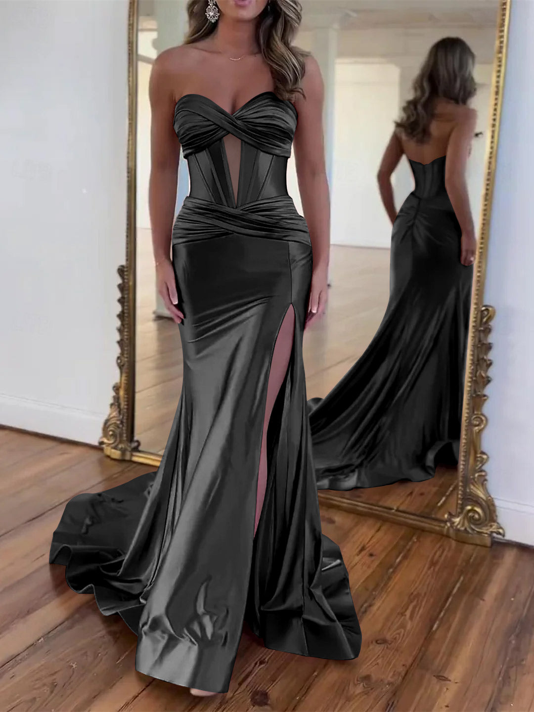 A-Line/Princess Strapless Sleeveless Floor-Length Slit Ruched Evening Dresses