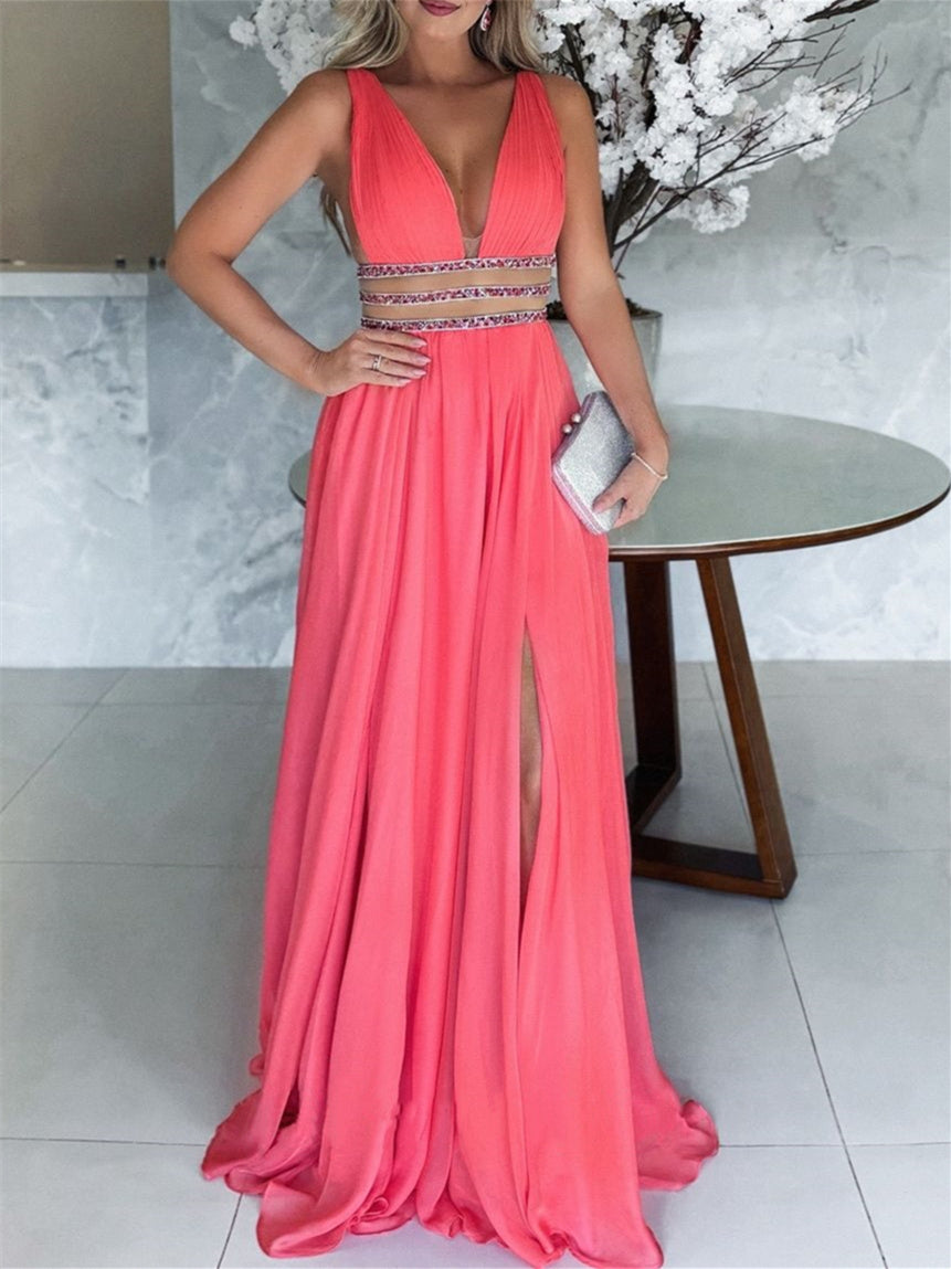 A-Line/Princess V-Neck Sleeveless Floor-Length Split Side Evening Dresses