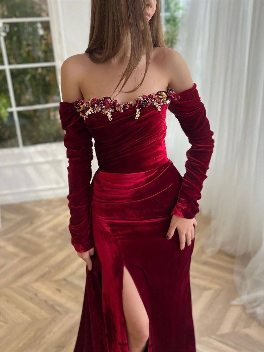 Sheath/Column Off-the-shoulder Long Sleeves Velvet luxury Evening Dresses