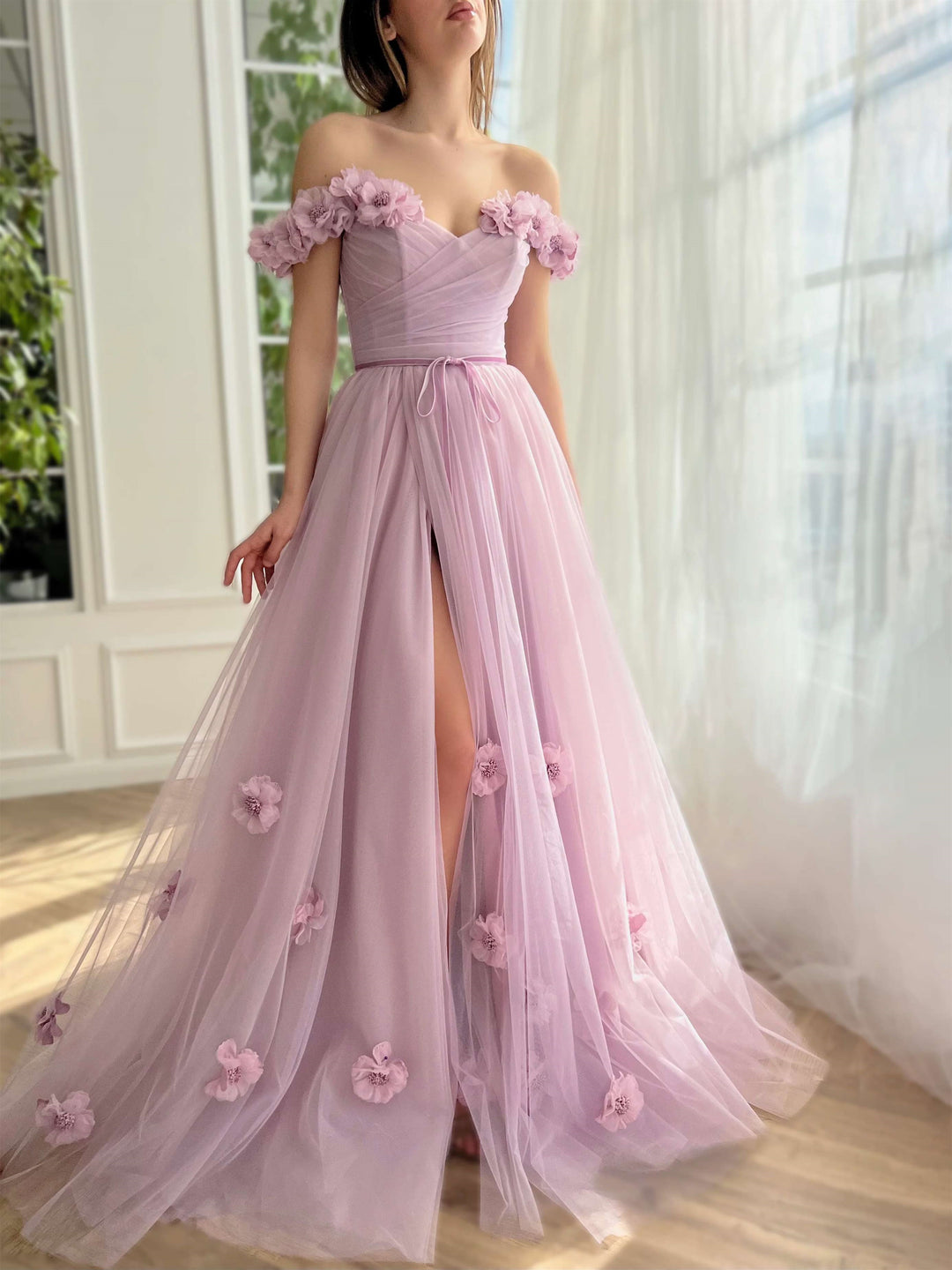 A-Line/Princess Off-the-Shoulder Sleeveless Floor-Length Flower Evening Dresses