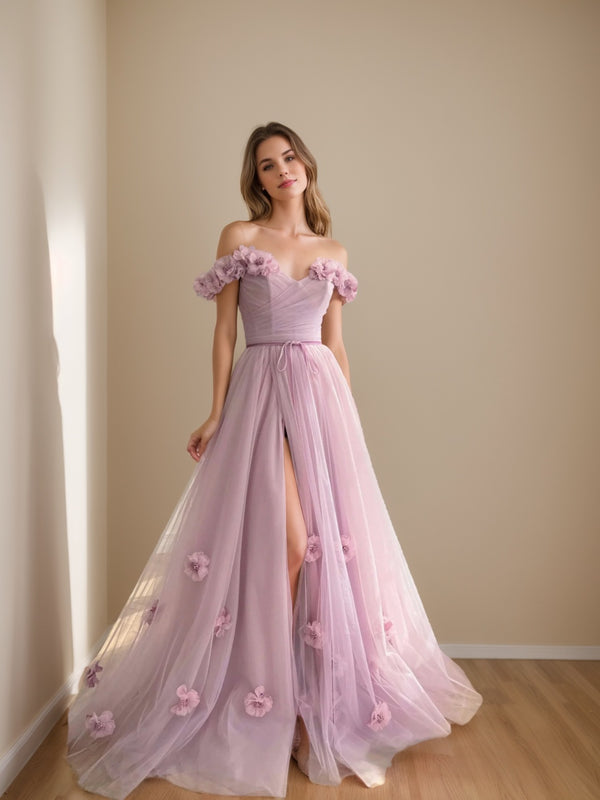 A-Line/Princess Off-the-Shoulder Sleeveless Floor-Length Flower Evening Dresses