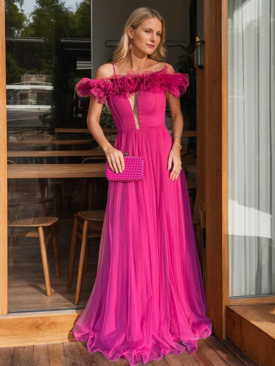 A-Line/Princess Off-the-Shoulder Sleeveless Floor-Length Evening Dresses