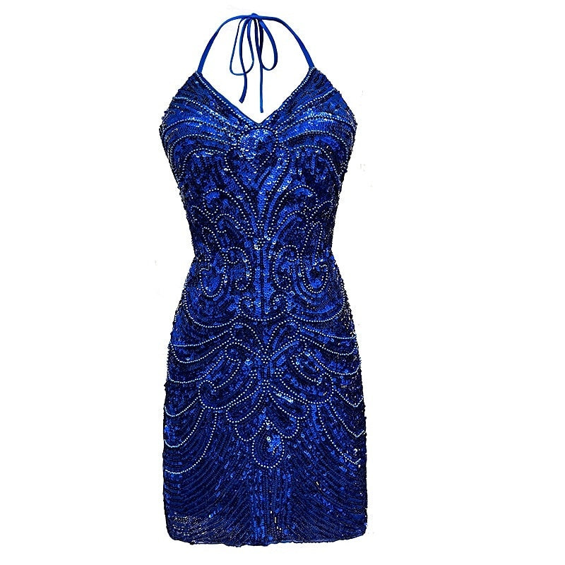 Sheath/Column Halter Sleeveless Short/Mini Party Dance Cocktail Halloween Dress With Sequins