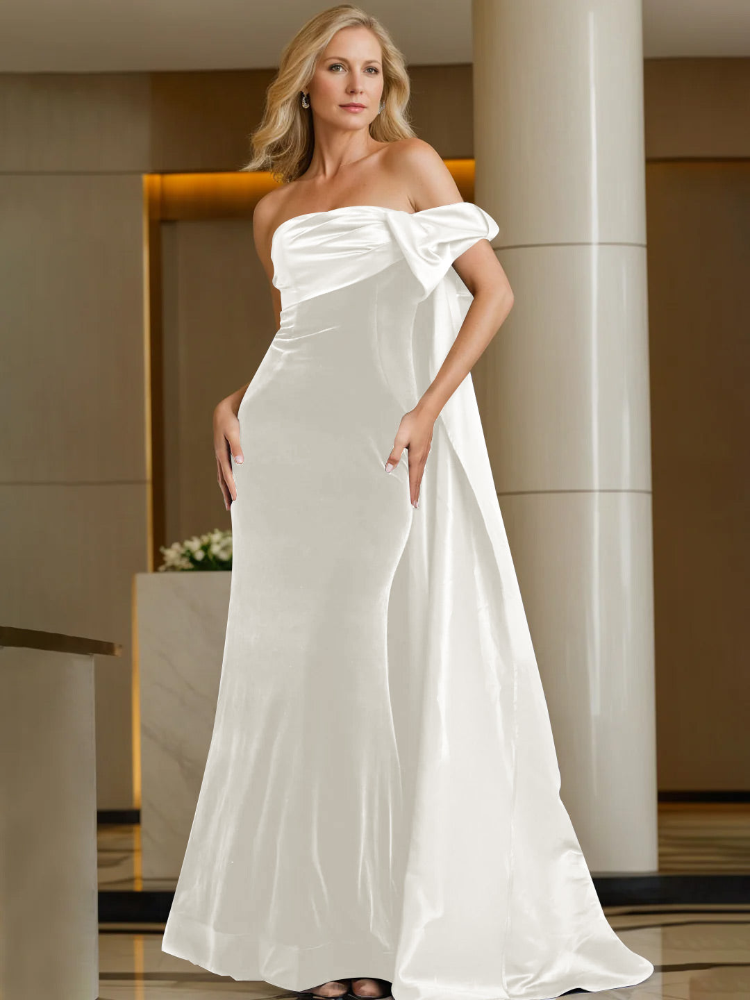 Sheath/Column Off-the-Shoulder Sleeveless Floor-Length Evening Dresses with Watteau Train