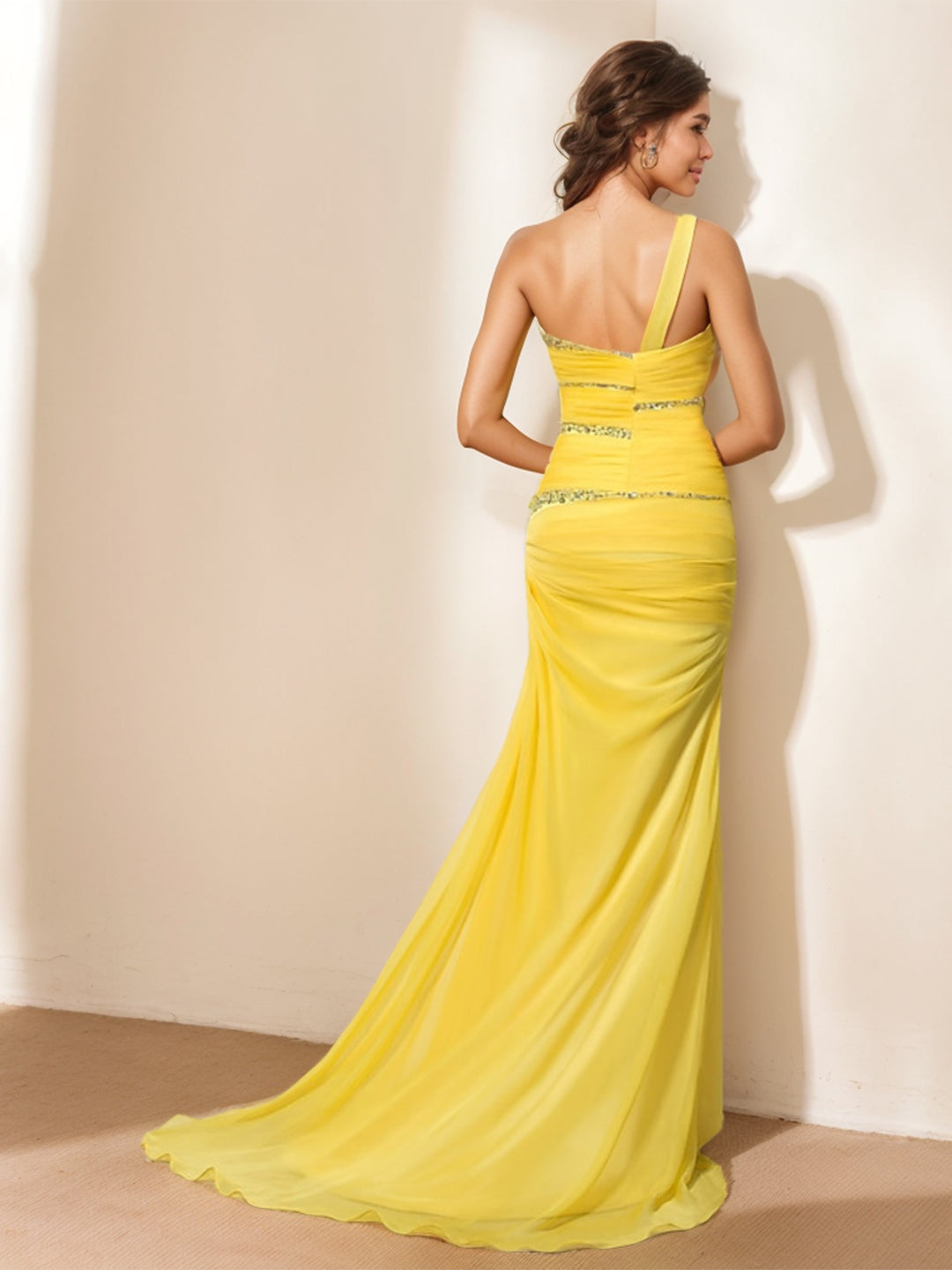 Sheath/Column One-Shoulder Sleeveless Floor-Length Evening Dress with Ruched, Sequin & Crystals