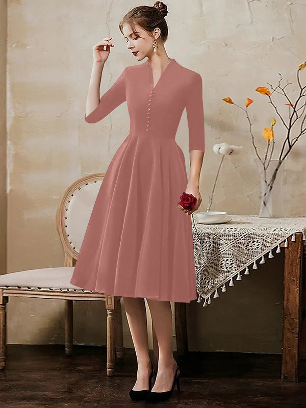 A-Line/Princess V-Neck Half Sleeves Tea-Length Cocktail Dresses with Sleek