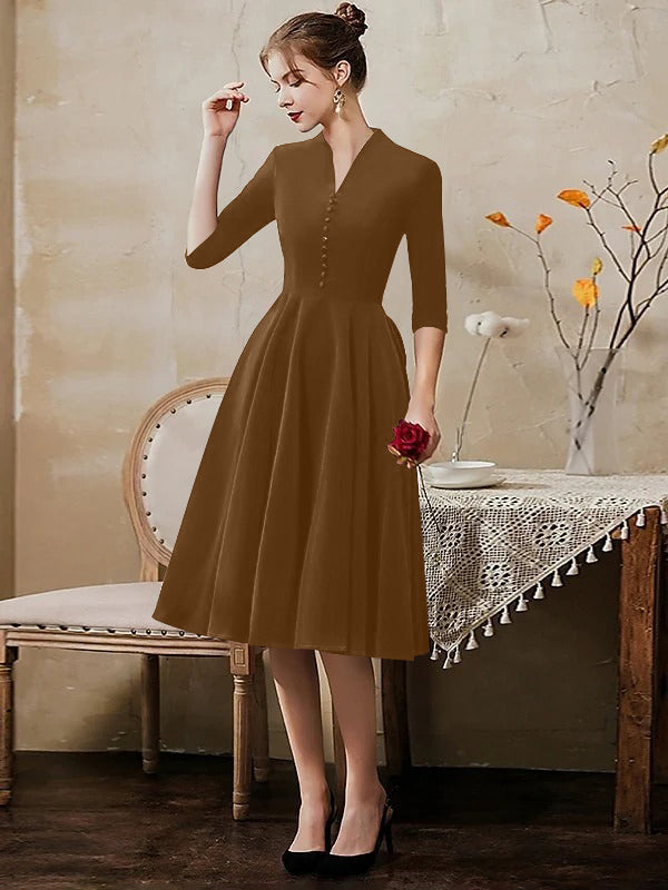 A-Line/Princess V-Neck Half Sleeves Tea-Length Cocktail Dresses with Sleek