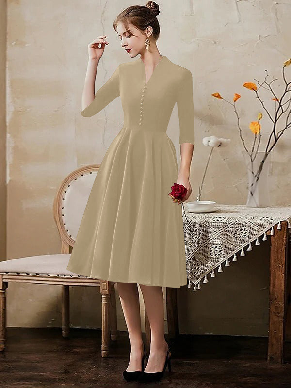 A-Line/Princess V-Neck Half Sleeves Tea-Length Cocktail Dresses with Sleek