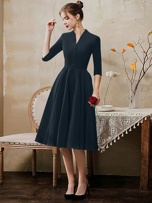 A-Line/Princess V-Neck Half Sleeves Tea-Length Cocktail Dresses with Sleek