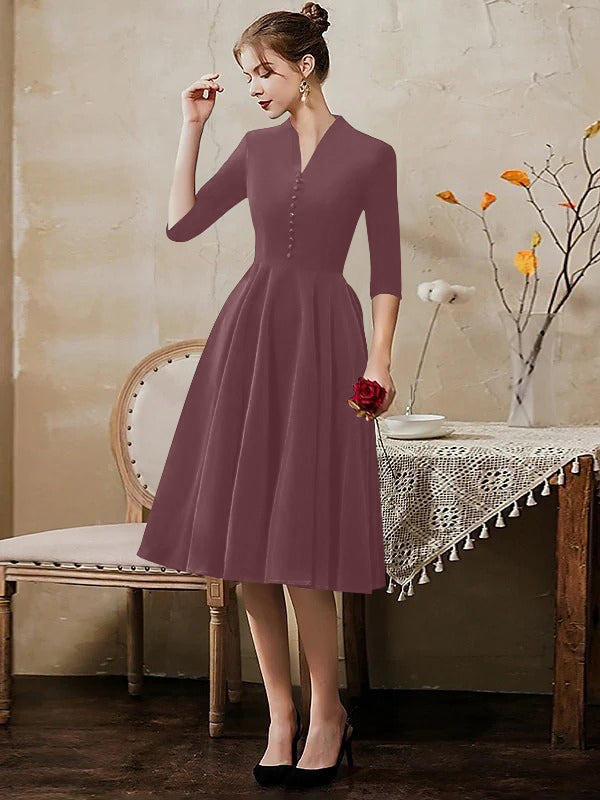A-Line/Princess V-Neck Half Sleeves Tea-Length Cocktail Dresses with Sleek