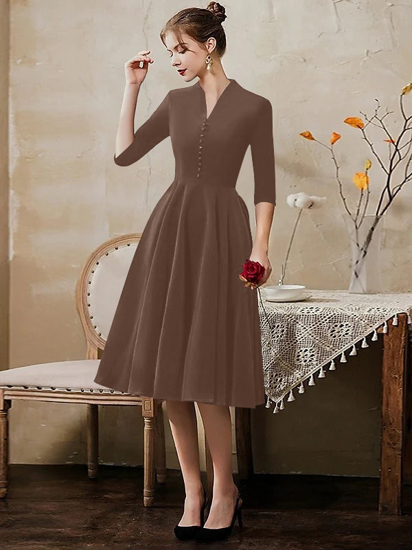 A-Line/Princess V-Neck Half Sleeves Tea-Length Cocktail Dresses with Sleek