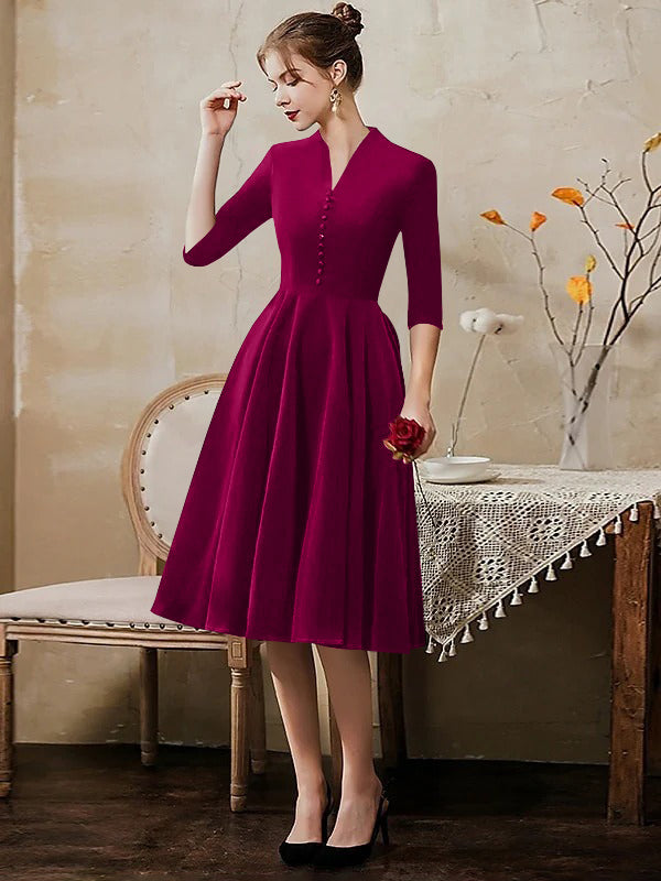 A-Line/Princess V-Neck Half Sleeves Tea-Length Cocktail Dresses with Sleek