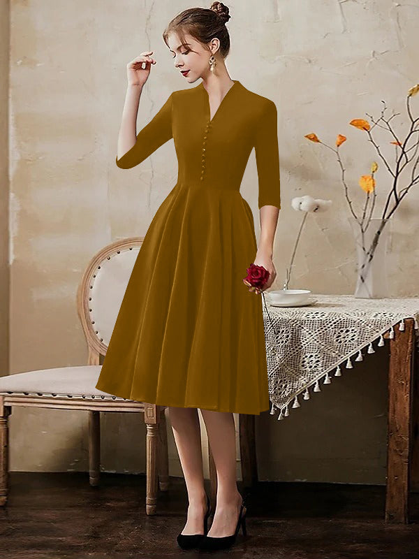 A-Line/Princess V-Neck Half Sleeves Tea-Length Cocktail Dresses with Sleek