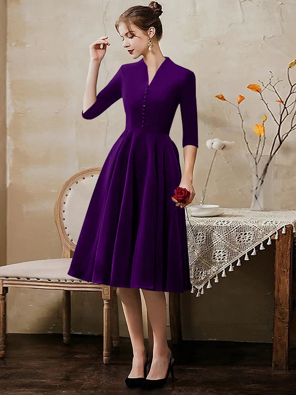A-Line/Princess V-Neck Half Sleeves Tea-Length Cocktail Dresses with Sleek