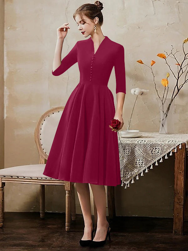 A-Line/Princess V-Neck Half Sleeves Tea-Length Cocktail Dresses with Sleek
