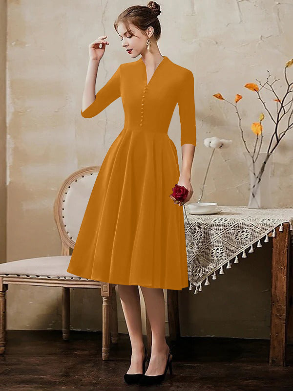 A-Line/Princess V-Neck Half Sleeves Tea-Length Cocktail Dresses with Sleek