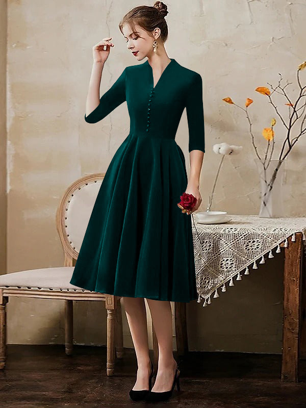 A-Line/Princess V-Neck Half Sleeves Tea-Length Cocktail Dresses with Sleek
