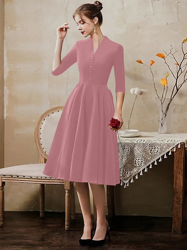 A-Line/Princess V-Neck Half Sleeves Tea-Length Cocktail Dresses with Sleek